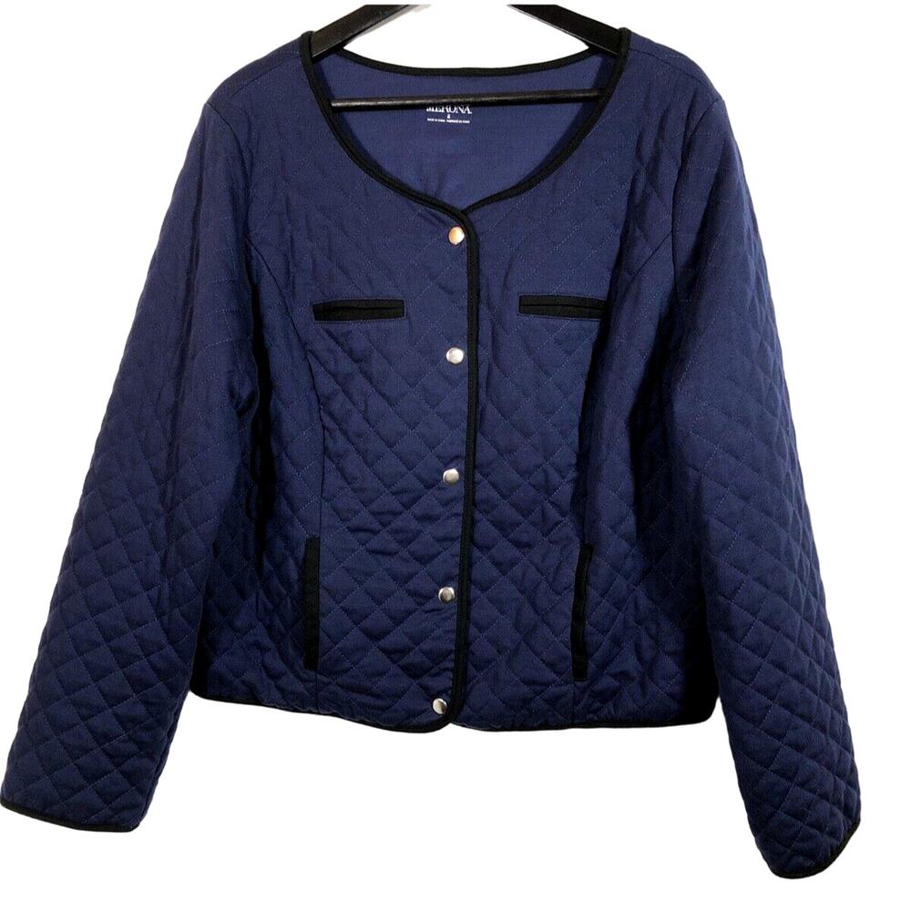 Navy Blue Quilted Crop Jacket- Plus Size 2 Slide In Pockets Snap Front Merona